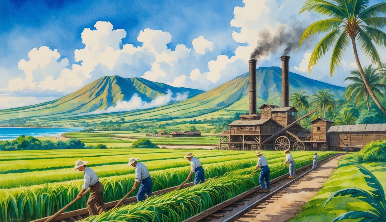 A scene showing workers harvesting sugarcane in fields with a steam-powered mill, mountains, palm trees, and the ocean in the distance.