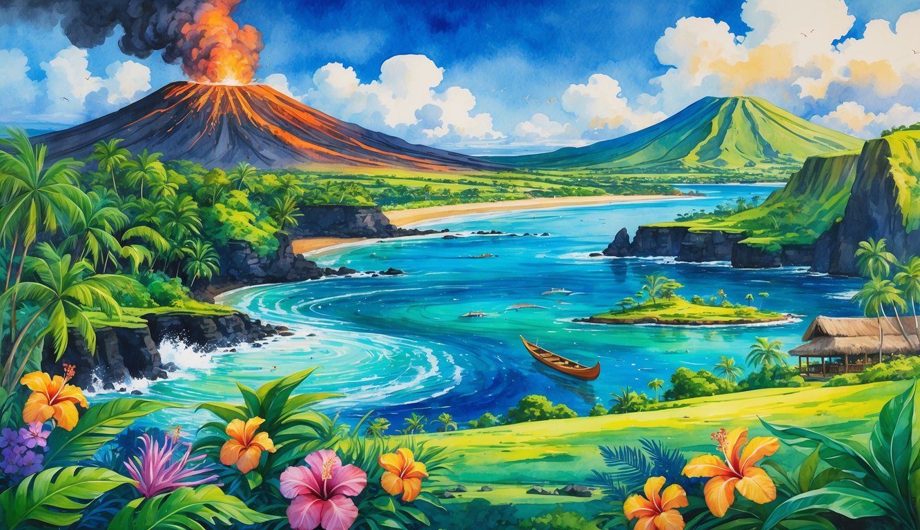 A colorful scene showing a volcano, rainforest, black sand beach, coral reef, waterfall, tropical flowers, sea turtles, birds, a canoe, and a Hawaiian village on the Big Island.