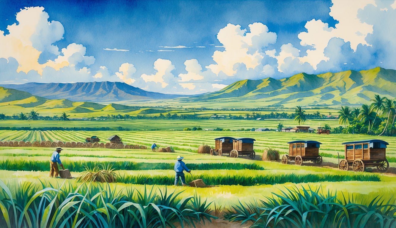 A scene showing workers harvesting sugarcane in large fields on Maui with mountains and a coastal village in the background.