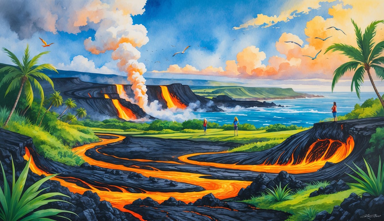 A volcanic landscape with flowing lava, tropical plants, hikers on a trail, steam rising from a volcanic vent, and the ocean in the distance.