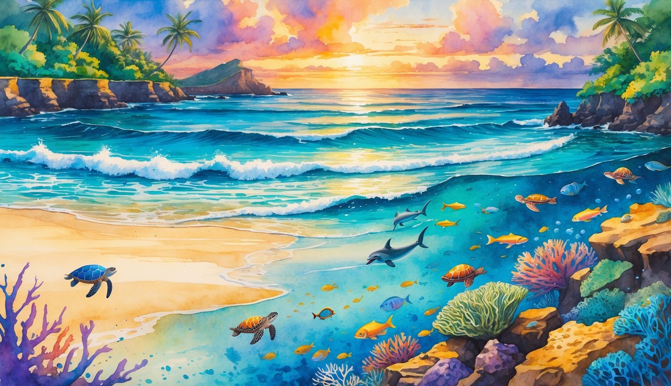 A sandy beach with clear turquoise water, tropical plants, volcanic rocks, and various marine animals like sea turtles and fish swimming near the shore at sunset.