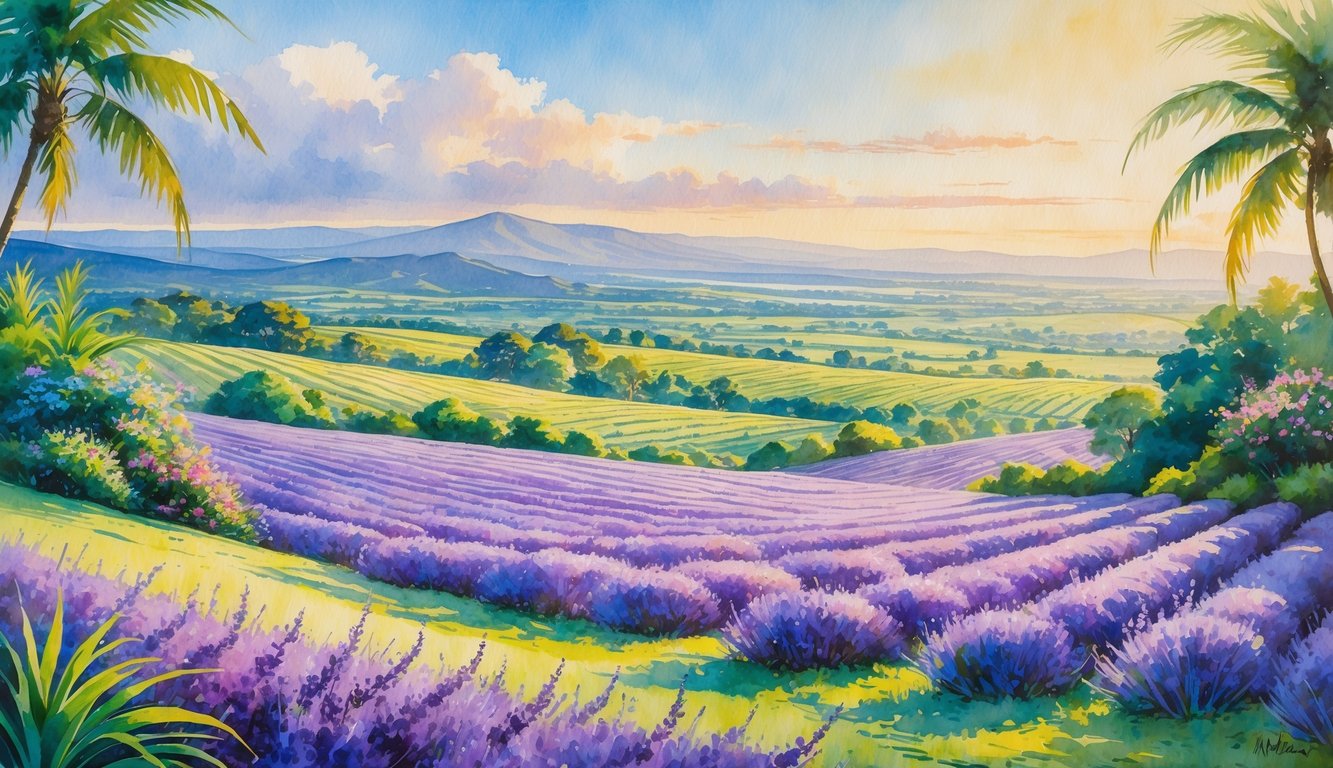 A landscape showing lavender fields, green gardens, and distant mountains under a soft sky.