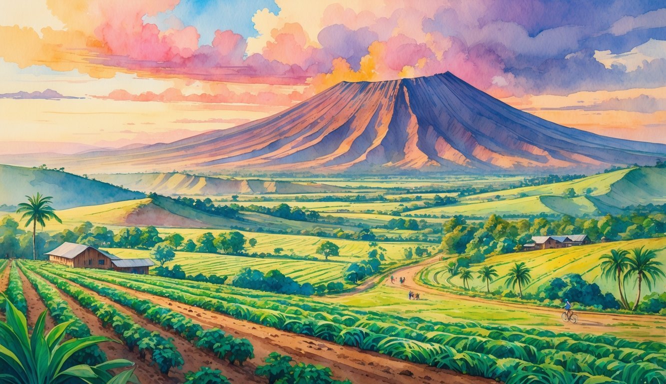 A landscape showing green farms, rolling hills, a volcanic crater, and people hiking and cycling under a colorful sunrise sky.