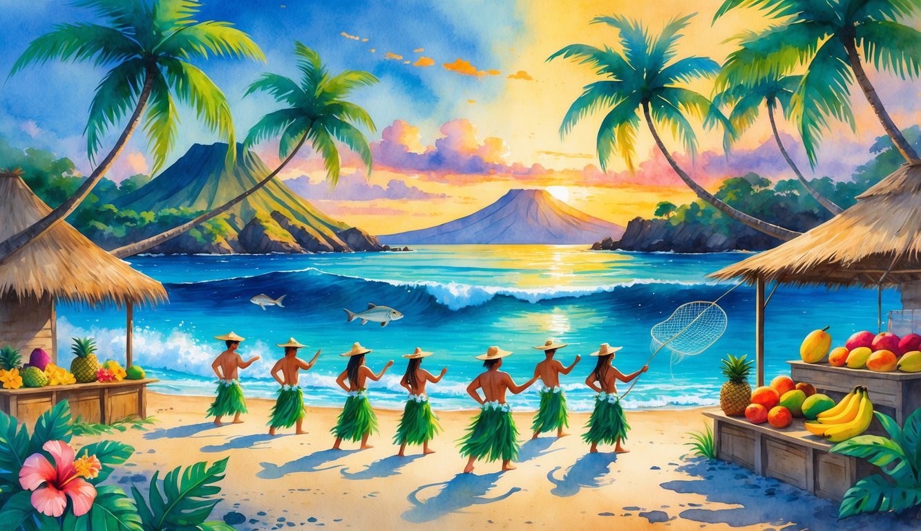 A tropical Hawaiian scene with palm trees, colorful flowers, people dancing hula, a fisherman by the ocean, volcanic mountains, and a sea turtle near a coral reef.