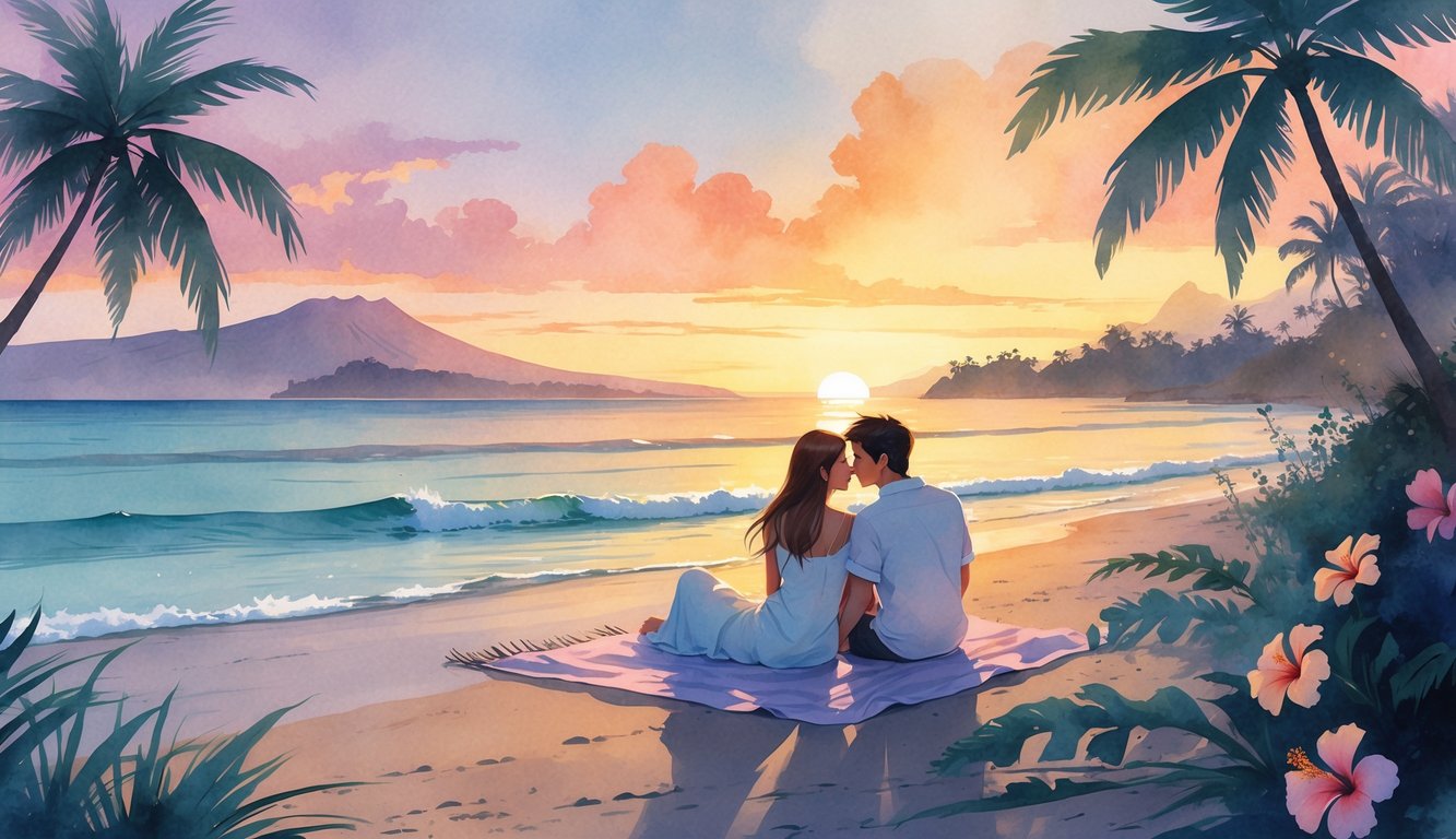 A couple sitting together on a beach at sunset with palm trees, ocean waves, and distant mountains in the background.