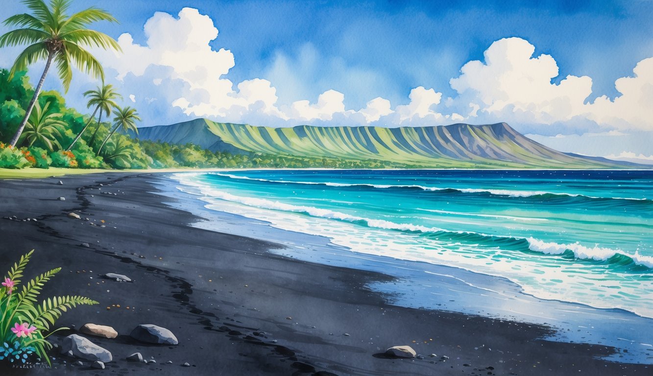 A black sand beach with turquoise ocean waves, tropical greenery, palm trees, and distant volcanic mountains under a clear sky.