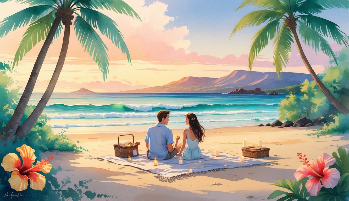 A couple sitting on a beach blanket surrounded by palm trees and flowers, watching the sunset over the ocean with mountains in the distance.
