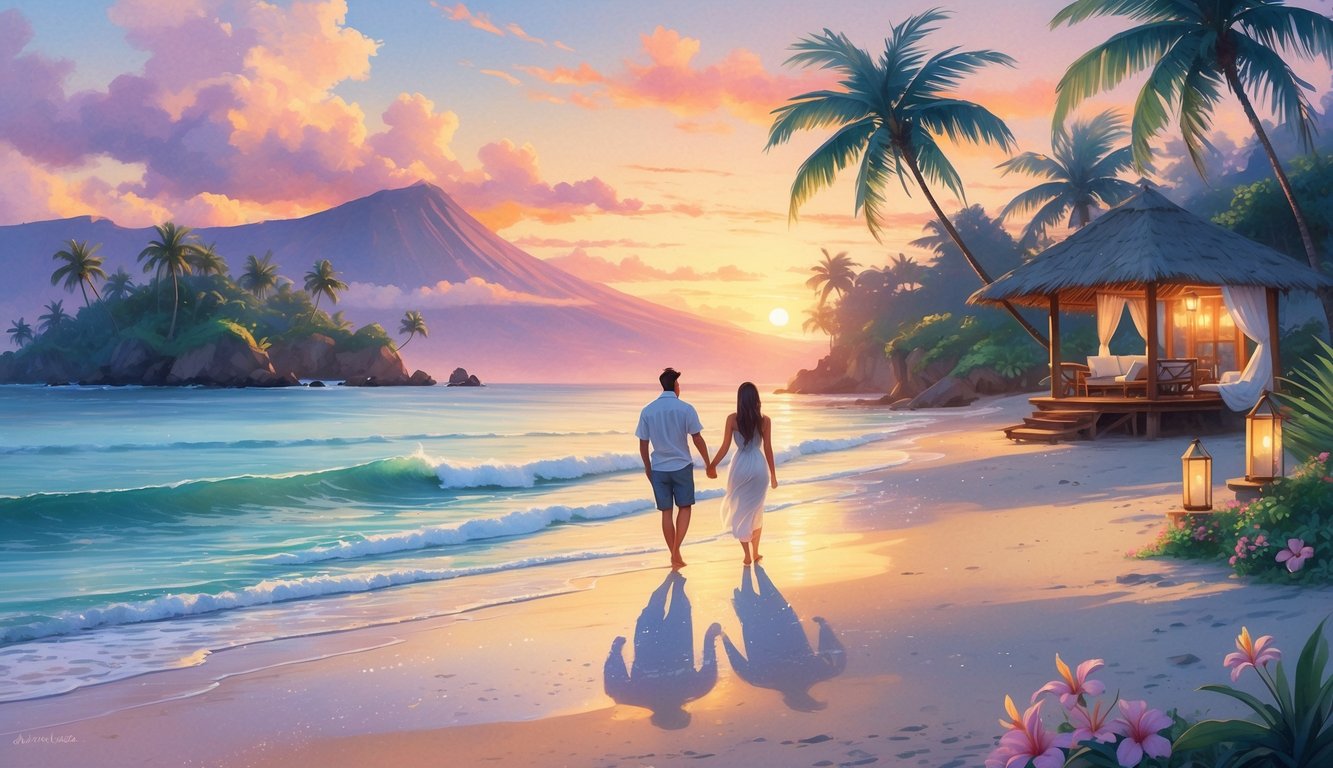 A couple walking hand-in-hand along a tropical beach at sunset with palm trees, flowers, a beach cabana, and distant mountains.