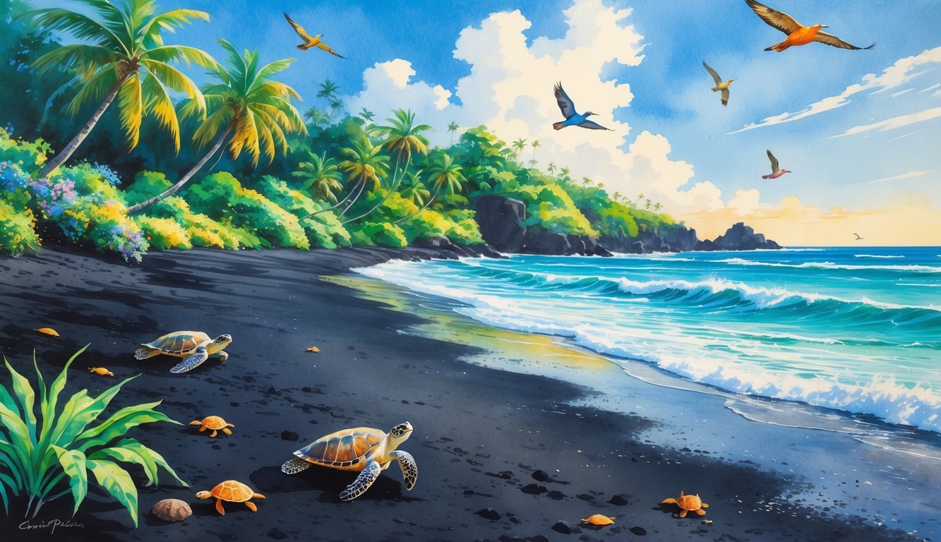 A black sand beach on the Big Island with ocean waves, palm trees, sea turtles, and tropical birds under a clear sky.