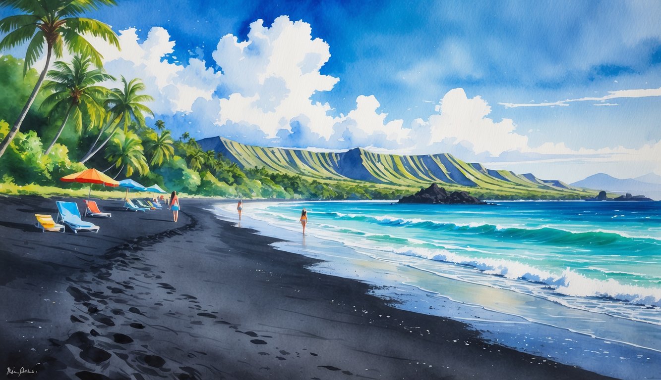 A tropical beach with black sand, turquoise ocean waves, palm trees, and distant mountains under a blue sky.