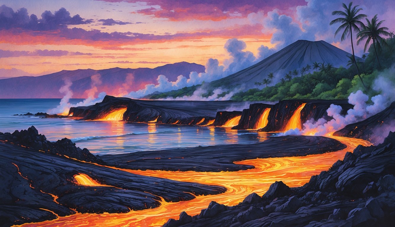 An active lava flow moving down a volcanic landscape with tropical plants and mountains in the background under a colorful sunset sky.