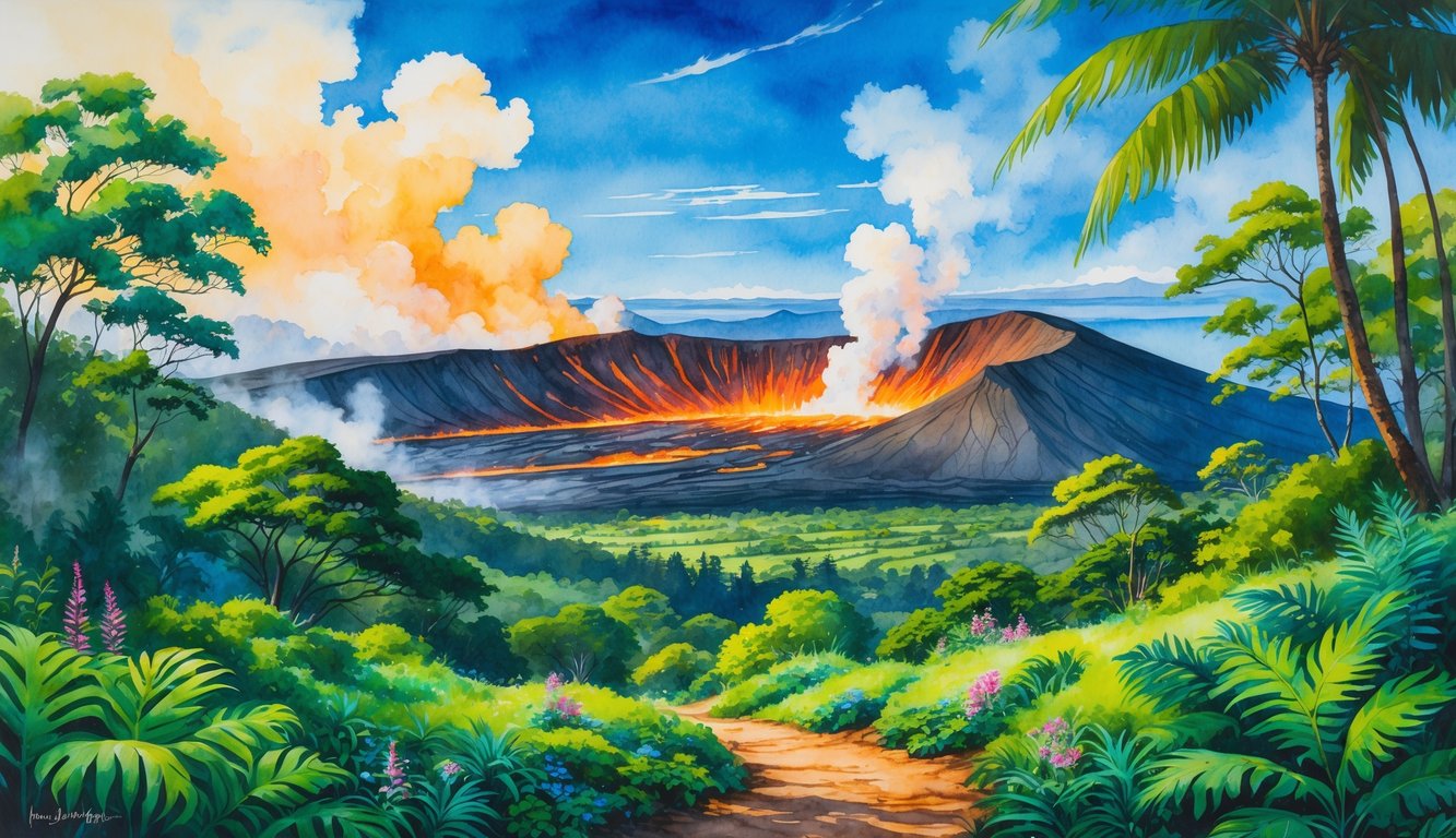 A landscape showing a volcanic crater with steam and lava flows surrounded by tropical rainforest and a hiking trail under a blue sky.