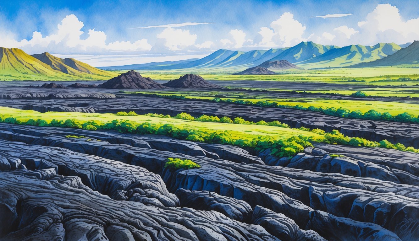 A landscape of dark lava fields with cracks and patches of green vegetation, distant hills, and a clear blue sky.