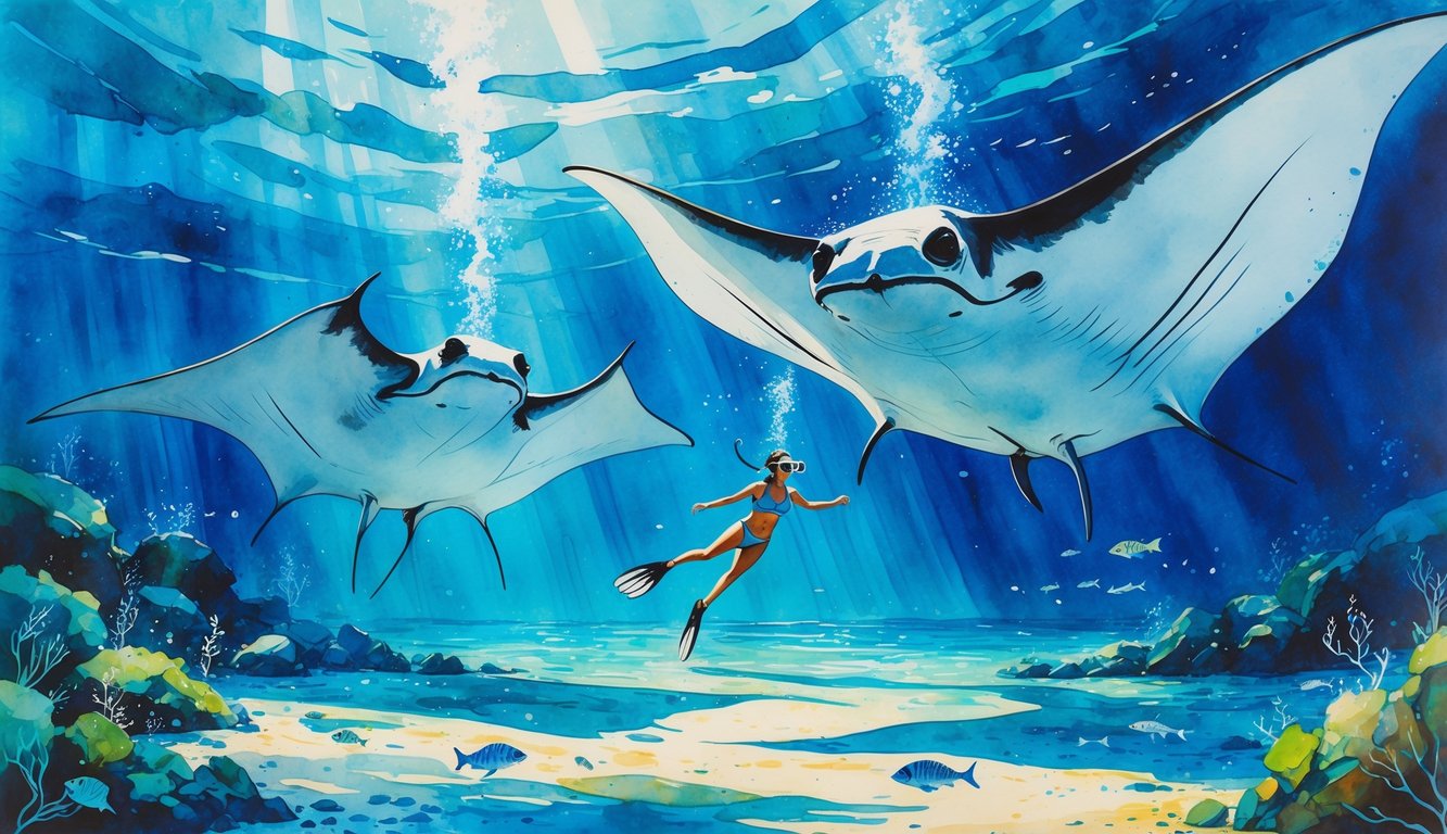 A snorkeler swimming underwater near two large manta rays in clear ocean water with sunlight filtering through.