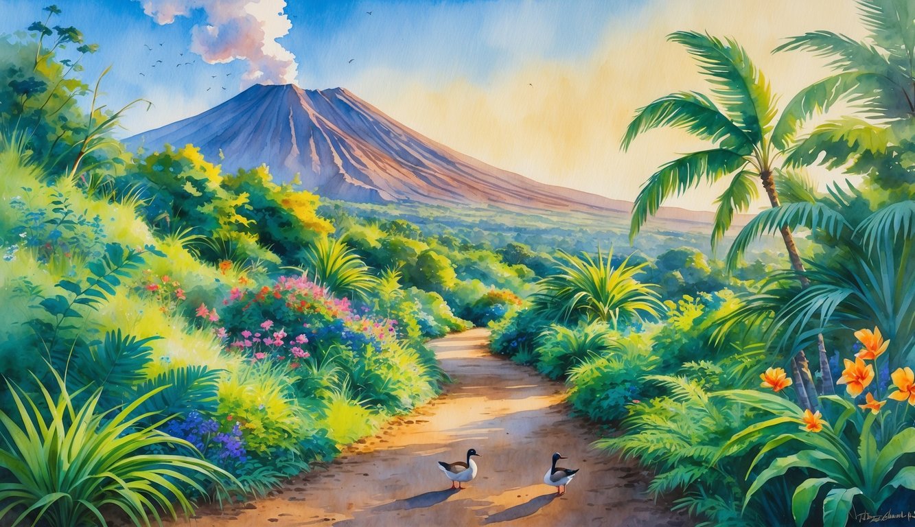 A trail through lush tropical plants with a volcanic mountain in the background and native birds nearby.