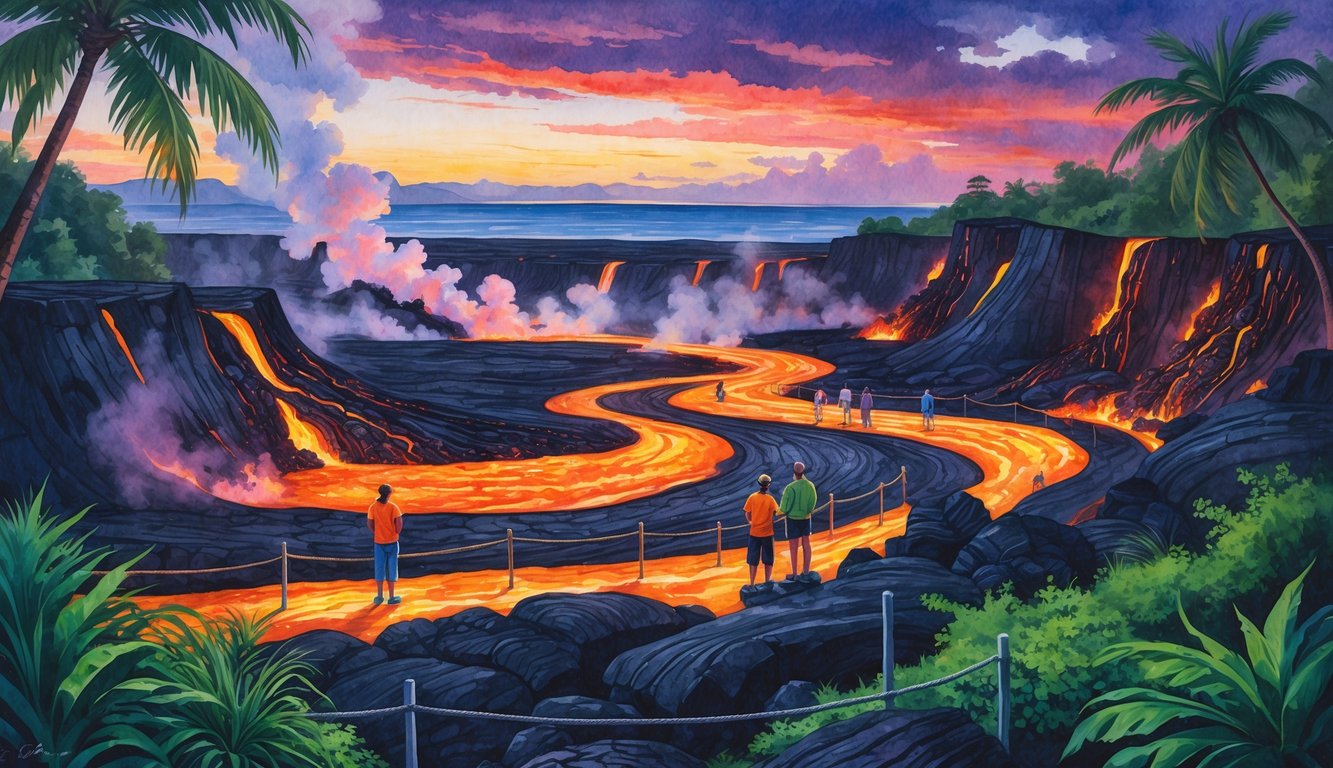 Visitors safely watching glowing lava flows winding through volcanic rocks on the Big Island with tropical plants nearby and steam rising.
