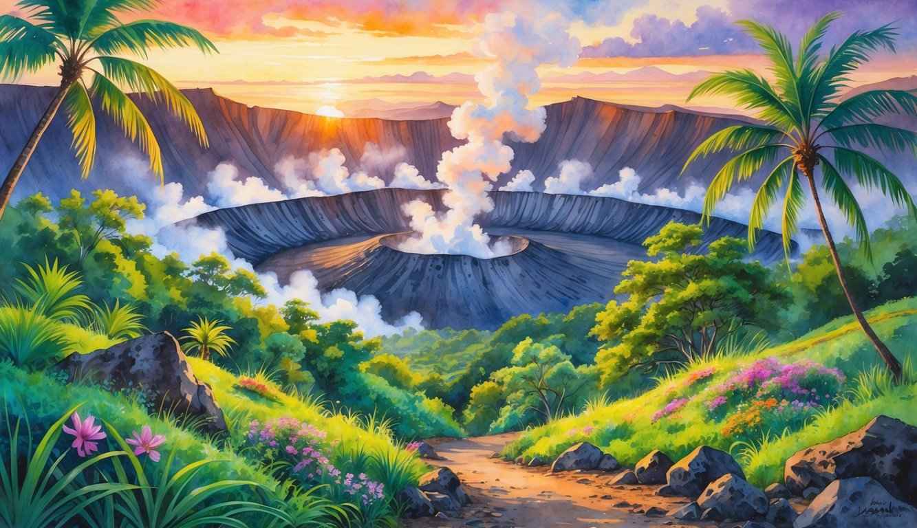 A volcanic crater surrounded by tropical trees and plants with steam rising, a trail winding through the lush landscape under a colorful sunrise sky.