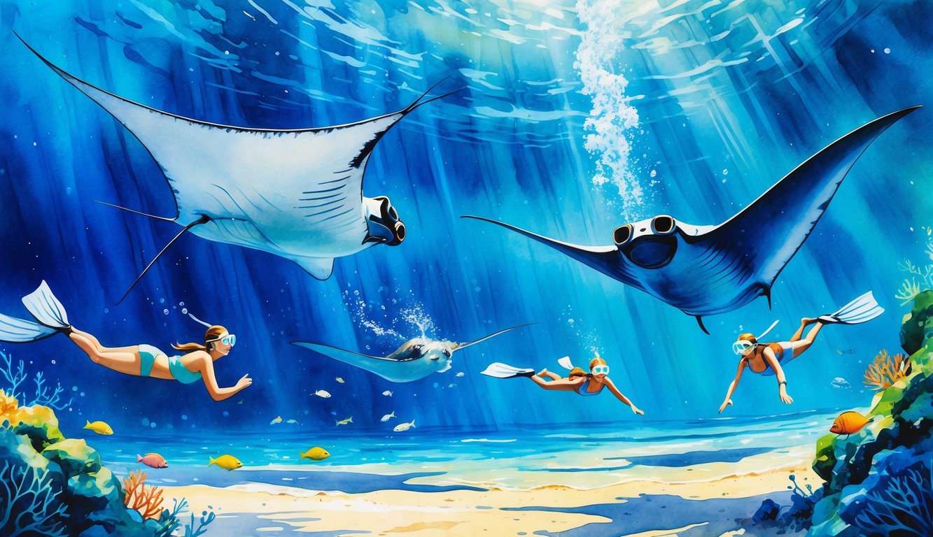 Underwater scene of snorkelers swimming near manta rays in clear ocean water with coral and fish.