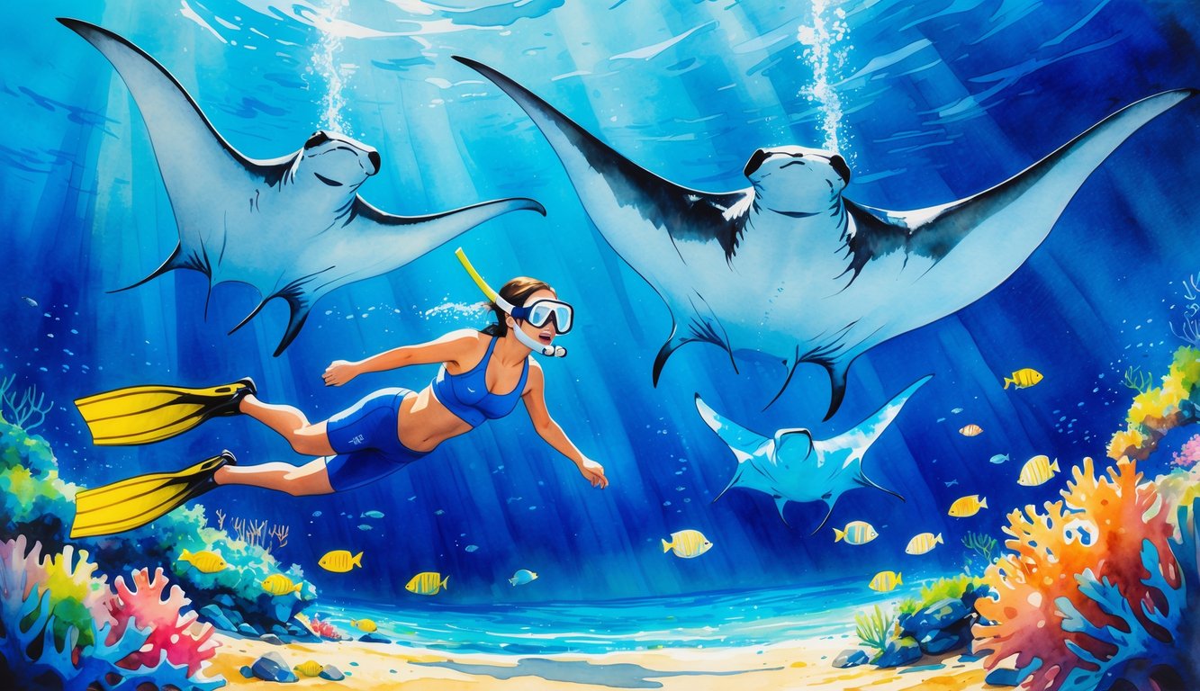 A snorkeler swimming underwater near large manta rays surrounded by coral reefs and tropical fish in clear blue ocean water.