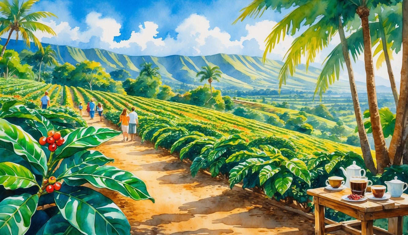 A hillside coffee farm with rows of coffee plants, visitors walking along a path, and a table with coffee cups surrounded by tropical trees and mountains.