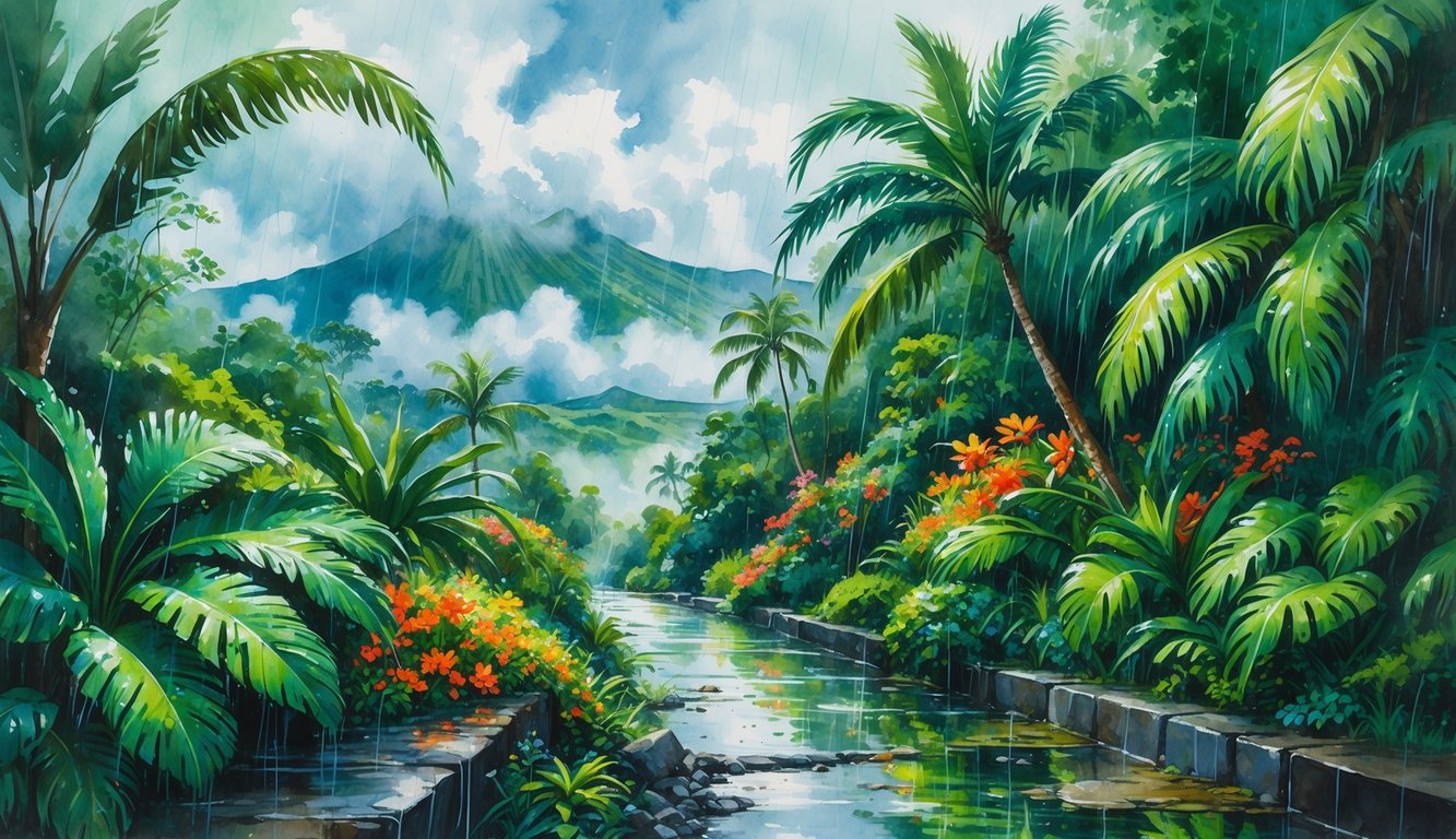 A lush tropical rainforest scene with rain falling, a winding path, vibrant flowers, and misty mountains in the background.