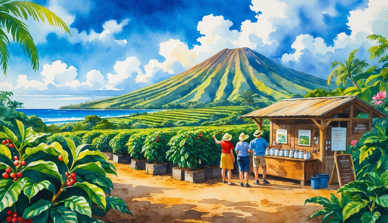 A coffee farm on a volcanic slope with visitors touring the coffee plants and a tasting area nearby, surrounded by tropical plants and a view of the ocean.