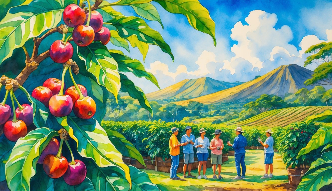 A coffee farm with ripe coffee plants, visitors tasting coffee, and rolling hills in the background under a sunny sky.