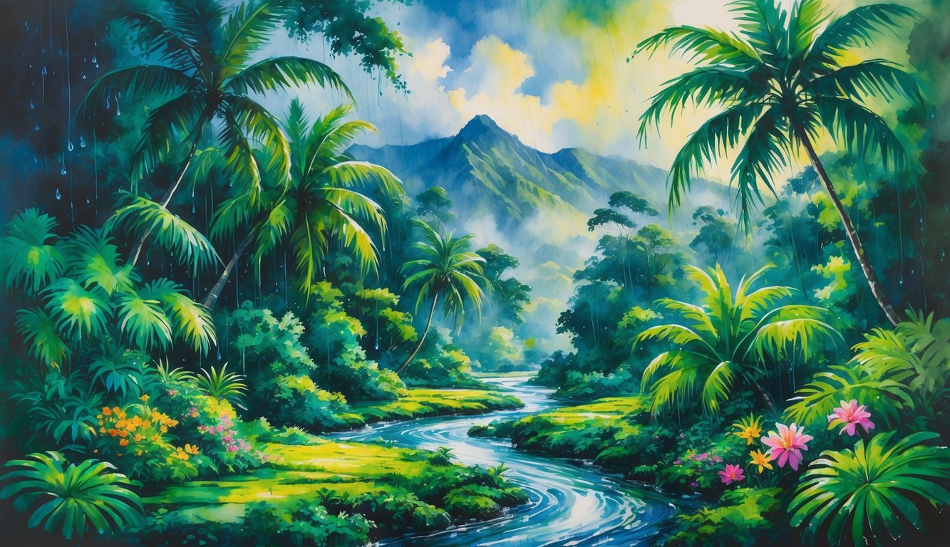 A tropical landscape with green palm trees, misty mountains, a flowing river, and colorful flowers under a cloudy sky.
