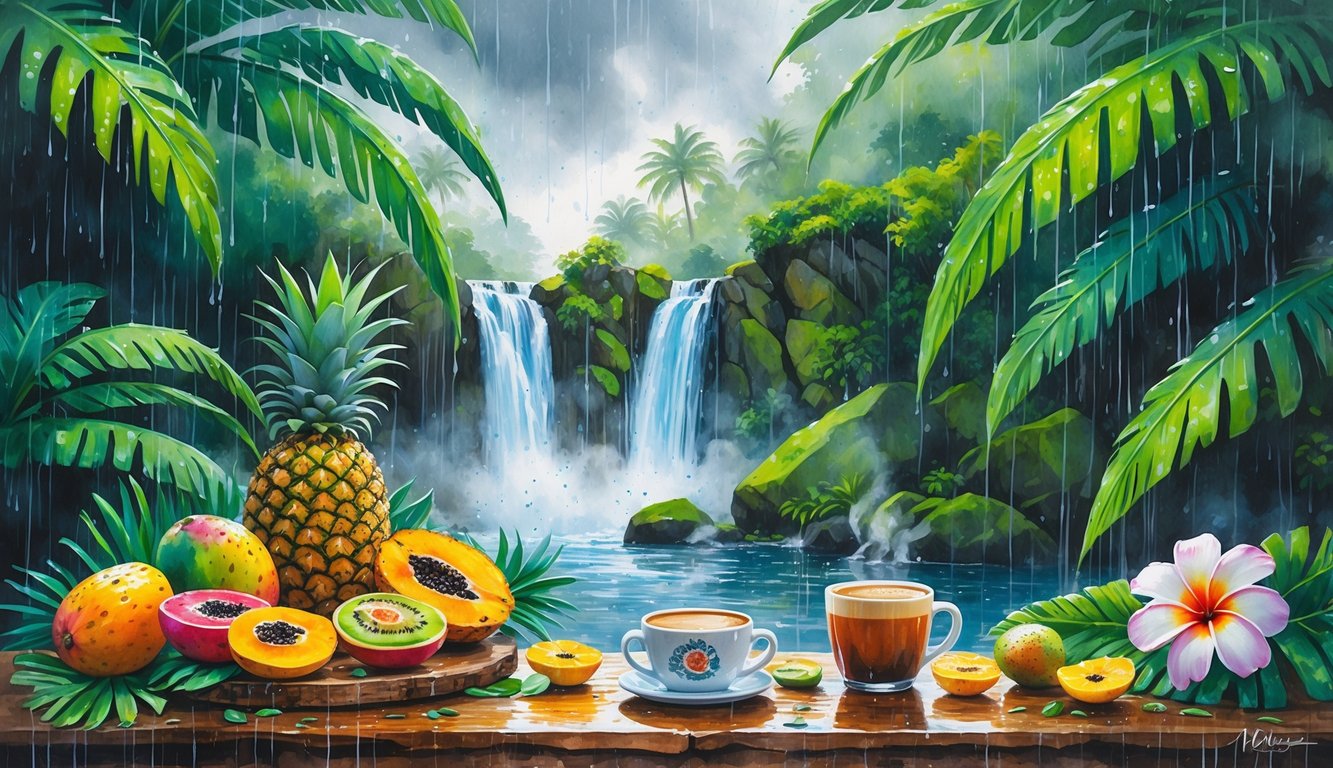 A tropical scene with rain-soaked greenery, waterfalls, colorful fruits on a wooden table, and a steaming cup of coffee under an overcast sky.