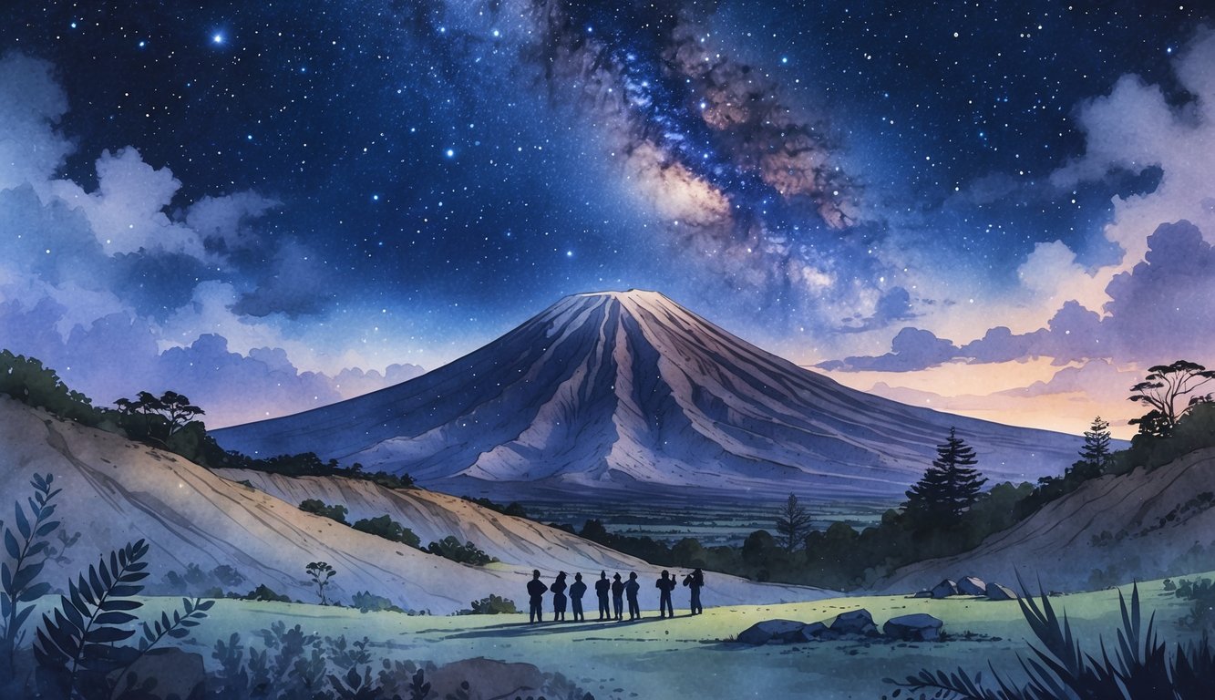 A nighttime view of Mauna Kea mountain with people using telescopes to look at a star-filled sky above.