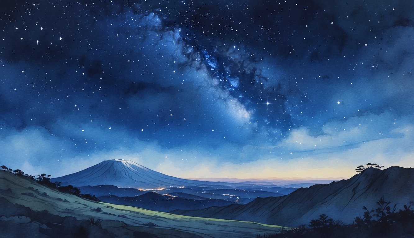 A nighttime view of Mauna Kea mountain with a clear starry sky and the Milky Way visible above the volcanic landscape.