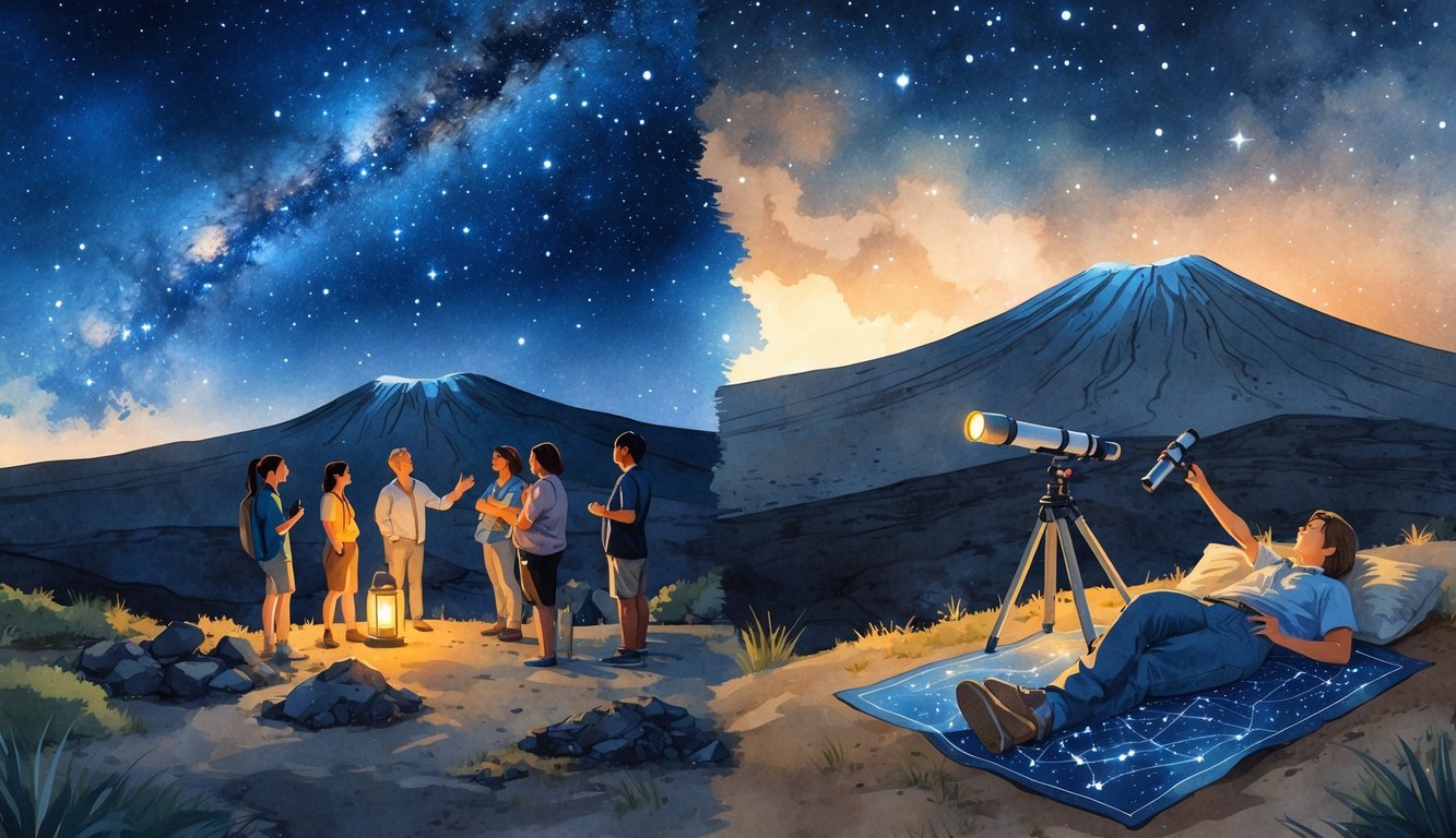 Nighttime scene on Mauna Kea showing people stargazing with telescopes under a star-filled sky above a volcanic mountain.
