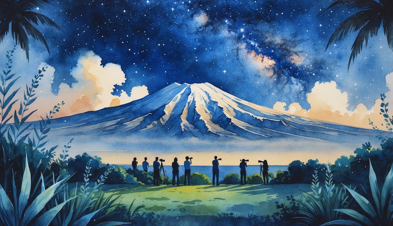 Mauna Kea mountain at night with people stargazing peacefully among native plants under a star-filled sky.