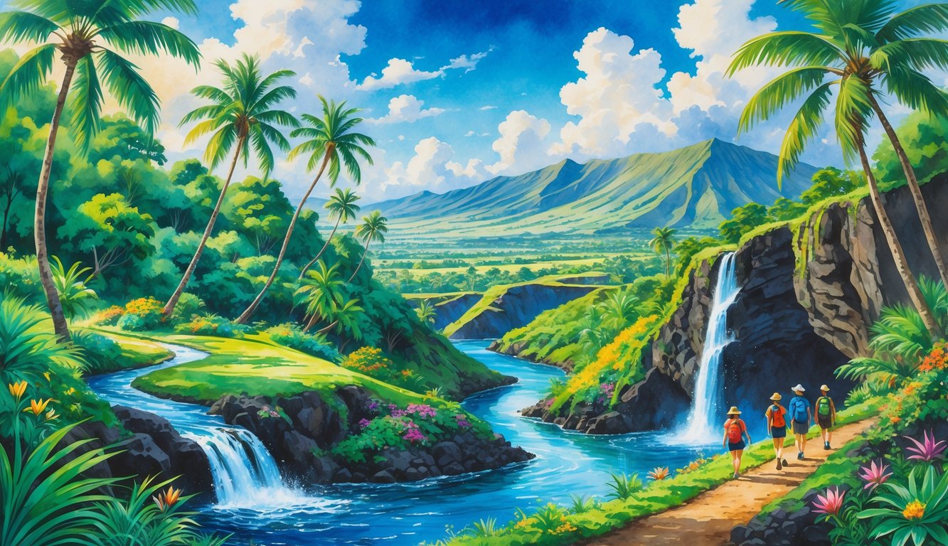 A scenic view of hiking trails winding through tropical forests and volcanic rocks with mountains and a waterfall in the background.