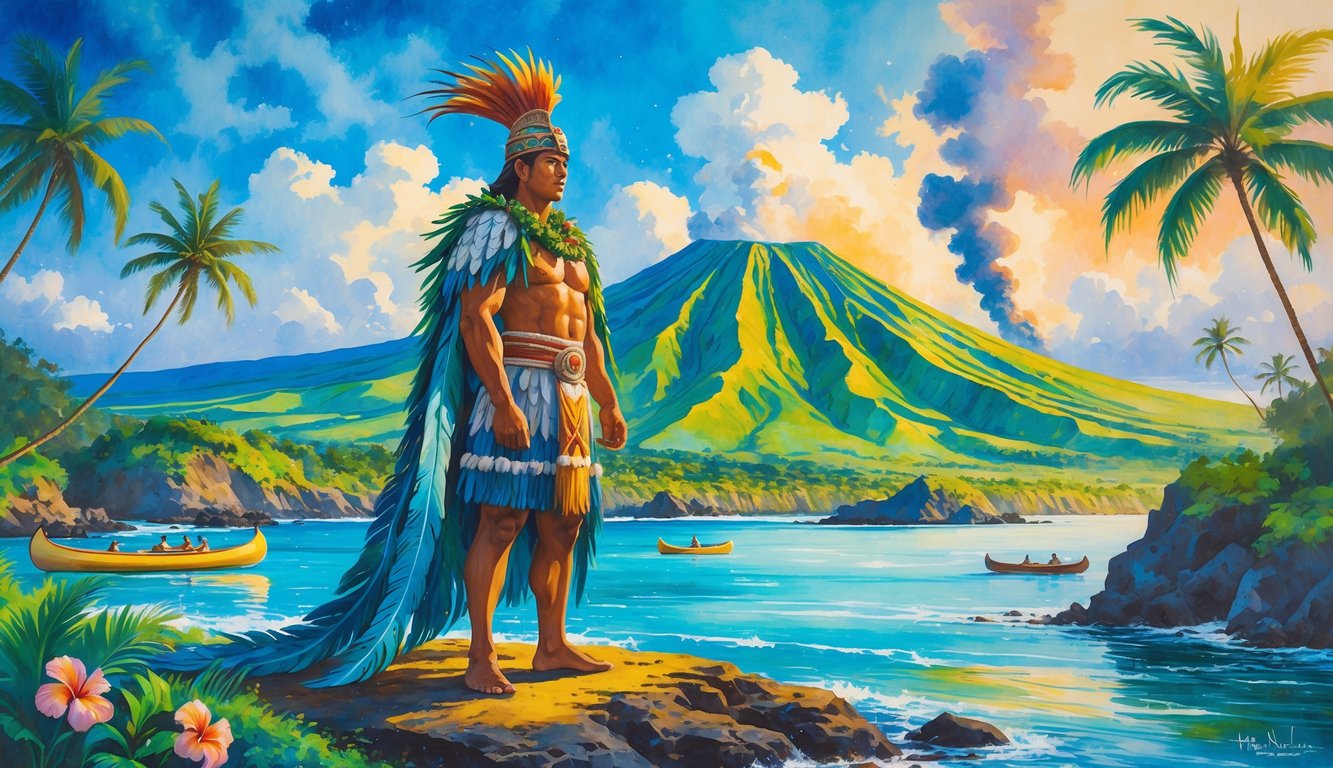 King Kamehameha standing on a rocky shore with the Big Island's volcanic landscape and ocean in the background, surrounded by traditional canoes and tropical plants.