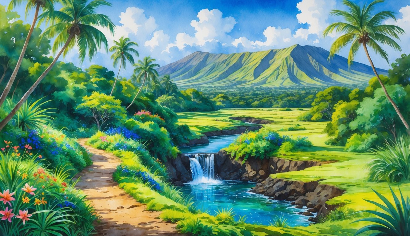 A scenic hiking trail on the Big Island with tropical plants, volcanic mountains, and a small waterfall.