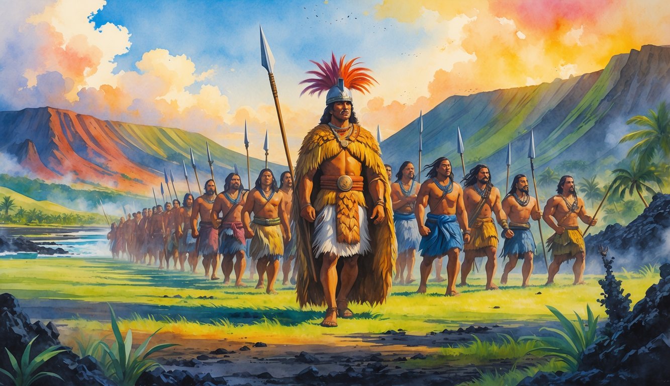 King Kamehameha leading Hawaiian warriors across a volcanic landscape with mountains and tropical plants in the background.