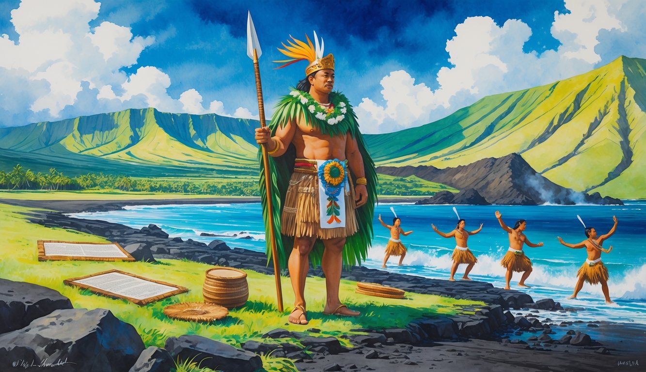 King Kamehameha I standing on a rocky shore of the Big Island with mountains and ocean in the background, surrounded by traditional Hawaiian dancers and cultural symbols.