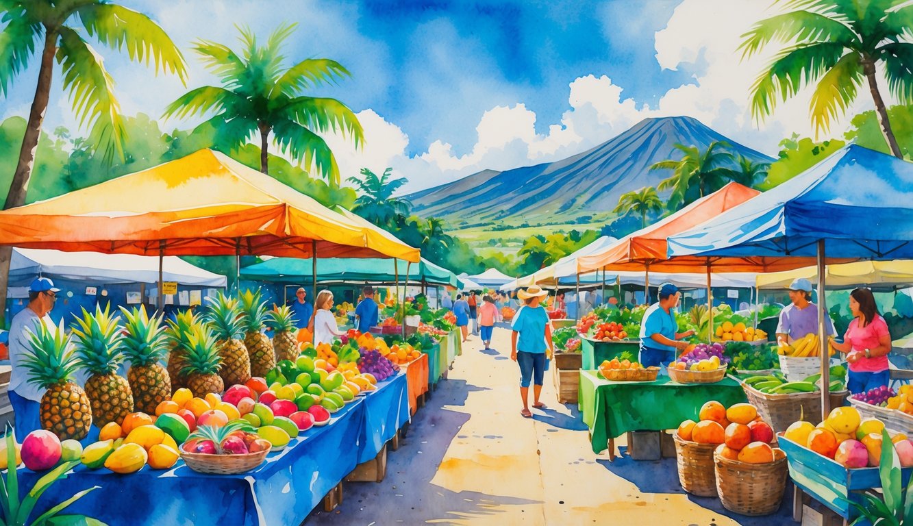 A lively farmers' market with colorful fruit stalls, people shopping, palm trees, and volcanic mountains in the background.