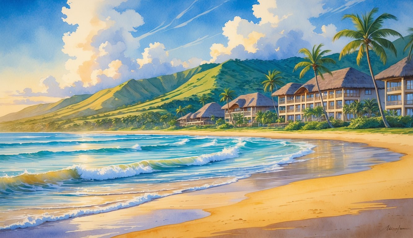 A peaceful tropical beach with palm trees, gentle waves, and resort buildings along the coastline under a clear sky.