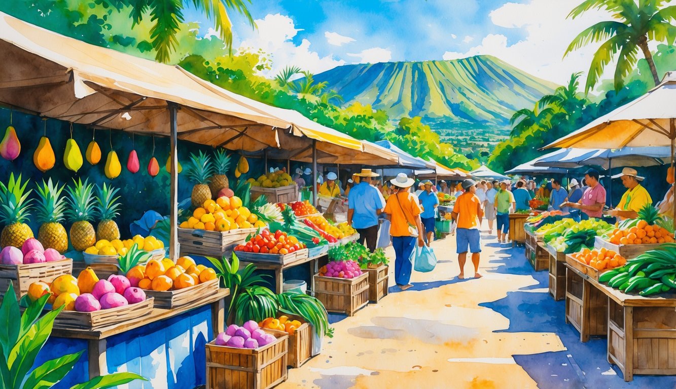 A lively farmers' market with stalls full of tropical fruits and vegetables, surrounded by greenery and hills, with vendors and shoppers interacting.