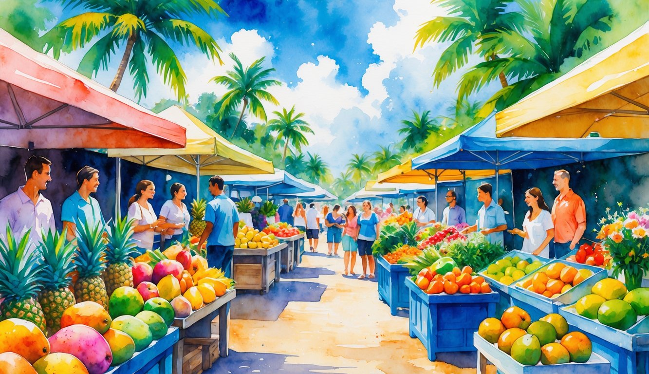 A busy outdoor market with stalls selling tropical fruits and vegetables, surrounded by palm trees and people interacting.