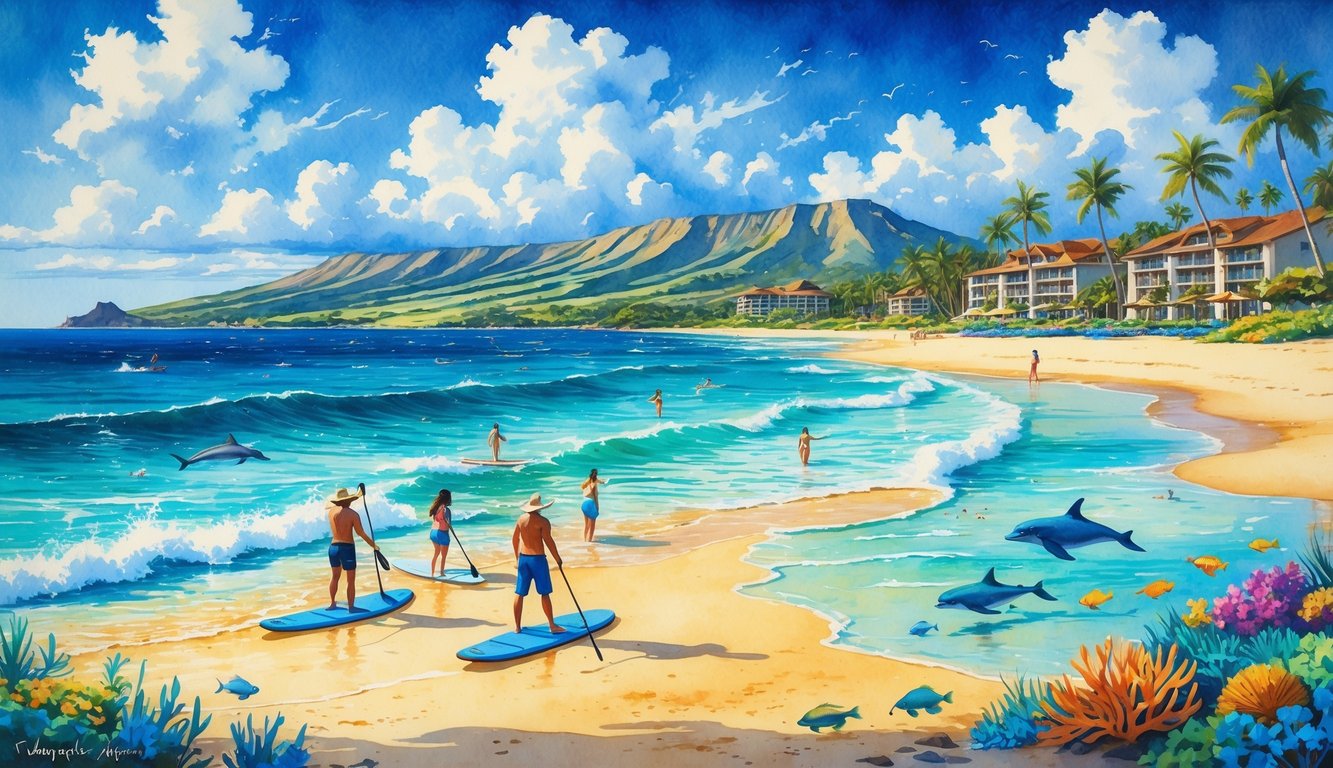 A beach scene with people snorkeling and paddleboarding near coral reefs, resort buildings with palm trees, and marine animals like sea turtles and dolphins in the water along a coastal shoreline.