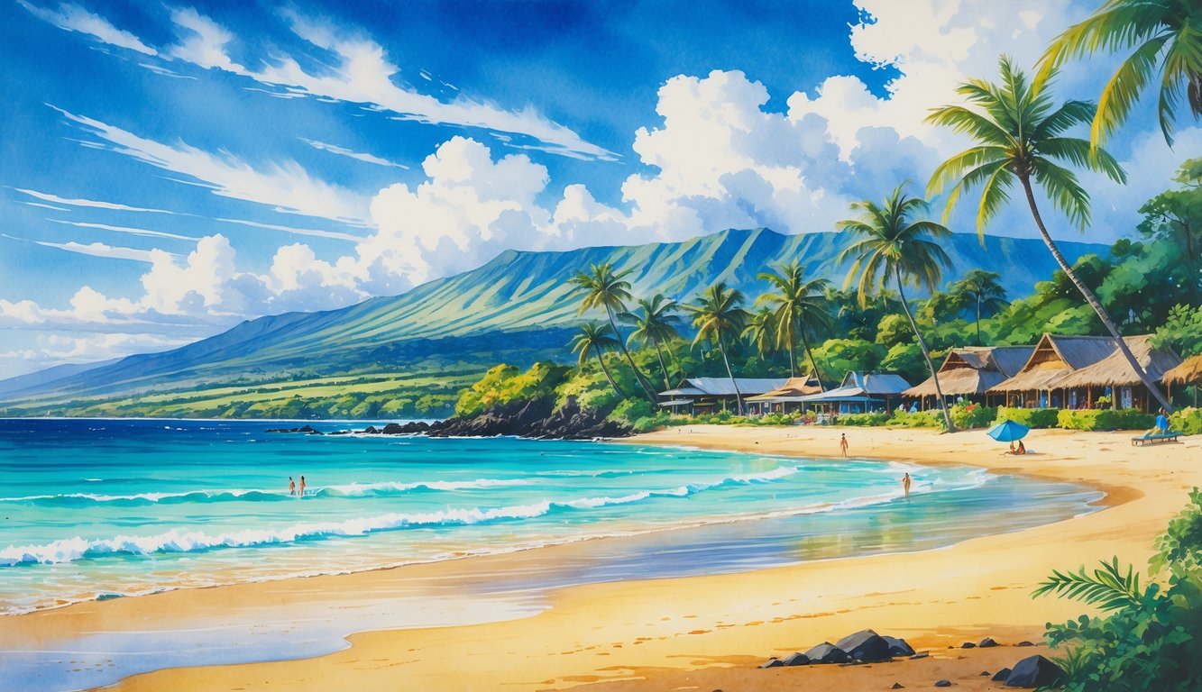 A peaceful beach scene on the Kohala Coast with golden sand, turquoise water, palm trees, mountains in the distance, and people enjoying the shoreline near small huts and resorts.