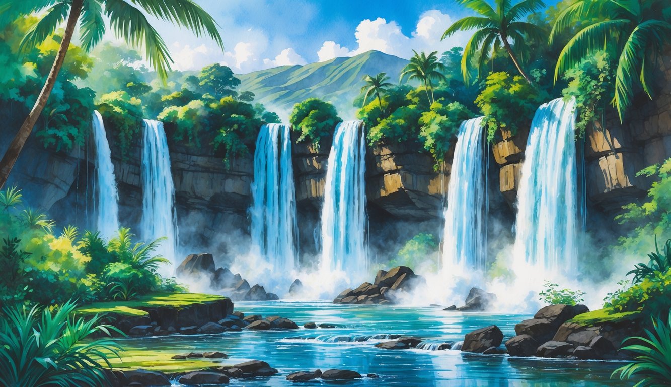 A tropical landscape with several waterfalls flowing down rocky cliffs surrounded by green trees and plants, with a river and mountains in the background.