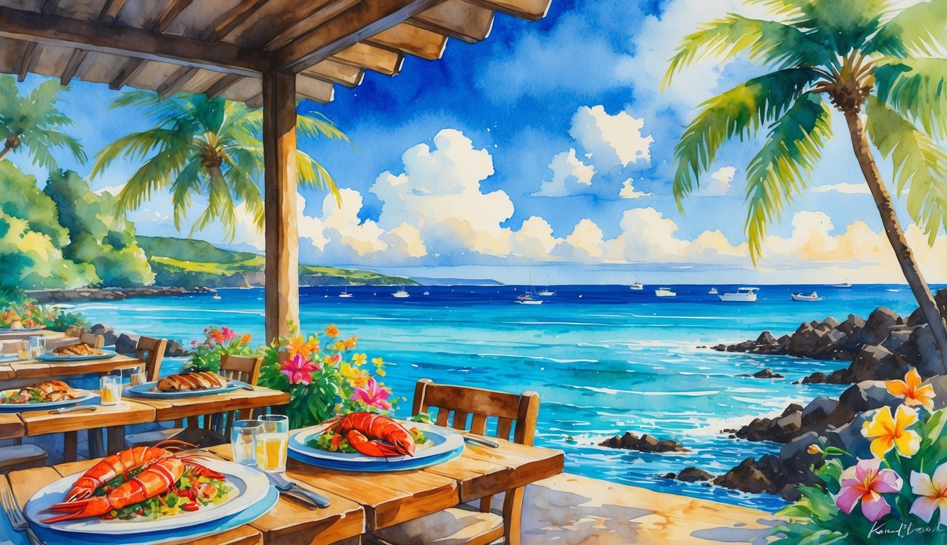 Seaside dining area with wooden tables, fresh seafood dishes, tropical flowers, palm trees, and boats on blue ocean waters under a sunny sky.