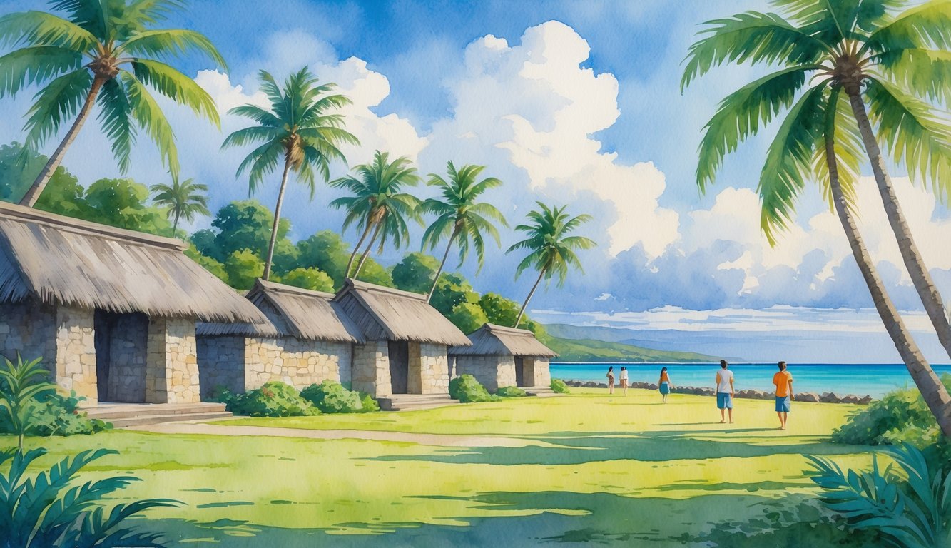 Visitors exploring traditional stone structures surrounded by tropical trees near a calm ocean at Pu’uhonua o Hōnaunau National Historical Park.