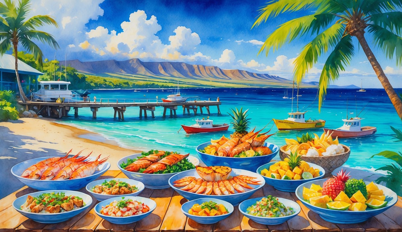 A coastal scene with a wooden pier, fishing boats, fresh seafood dishes on a table, palm trees, and mountains in the background.