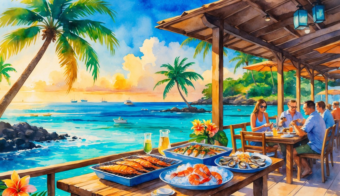 Seaside restaurant with people enjoying fresh seafood dishes at wooden tables near palm trees and calm ocean waters during sunset.