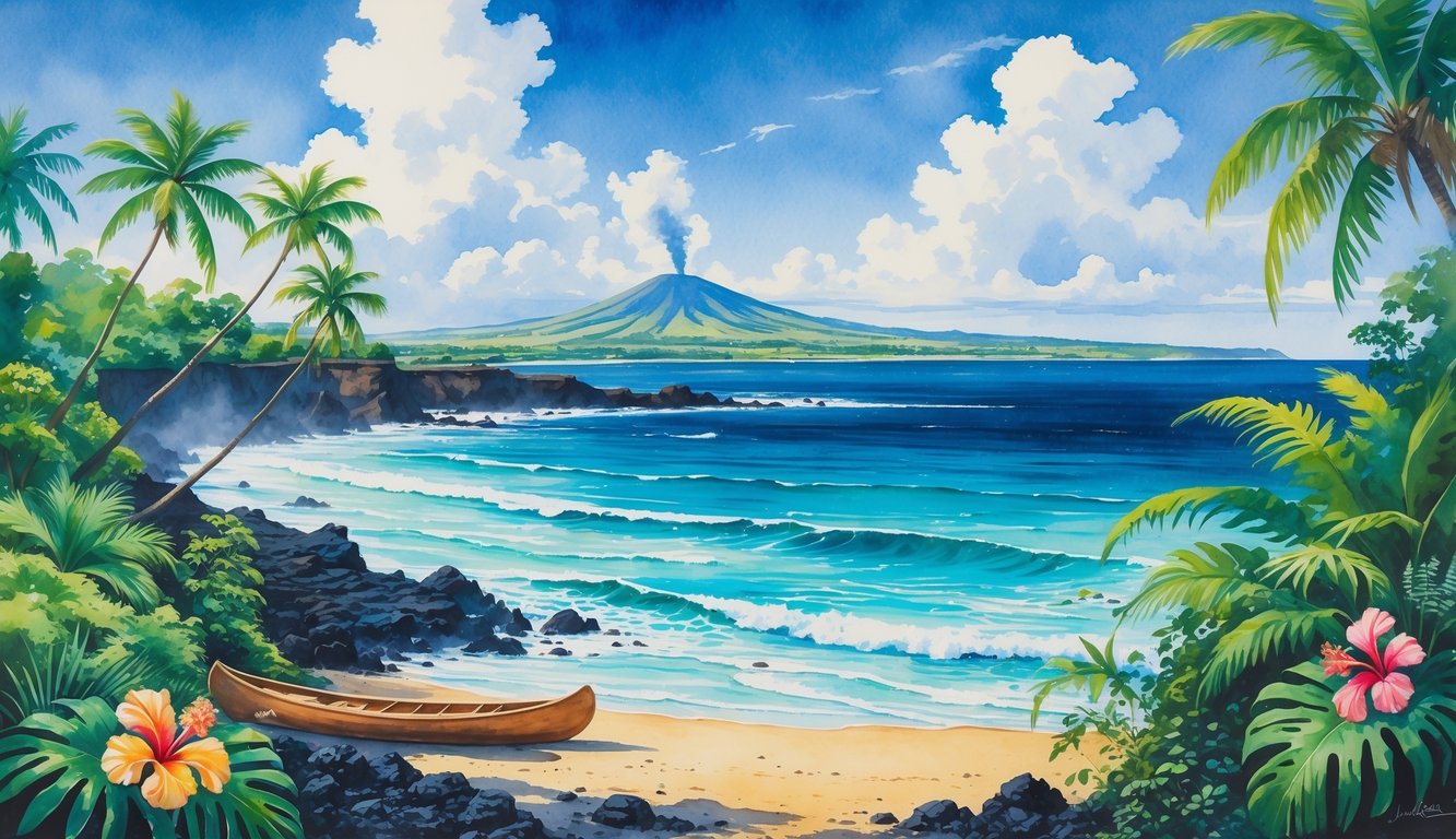 A coastal landscape with a sandy beach, palm trees, tropical flowers, ocean waves, lava rocks, and a distant volcano with smoke.